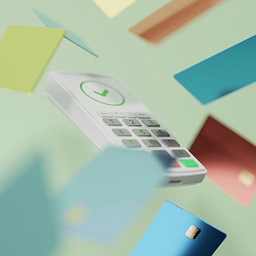 Mobile phone surrounded by floating cards.